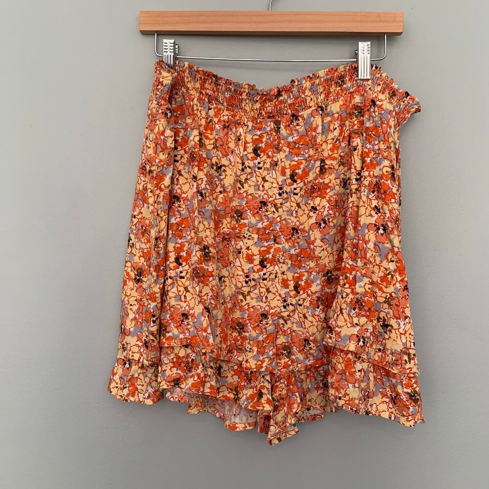 NEW Luukse Elastic Waist Shorts Women 4X Peach‎ Rust Red Floral Smocked Ruffle